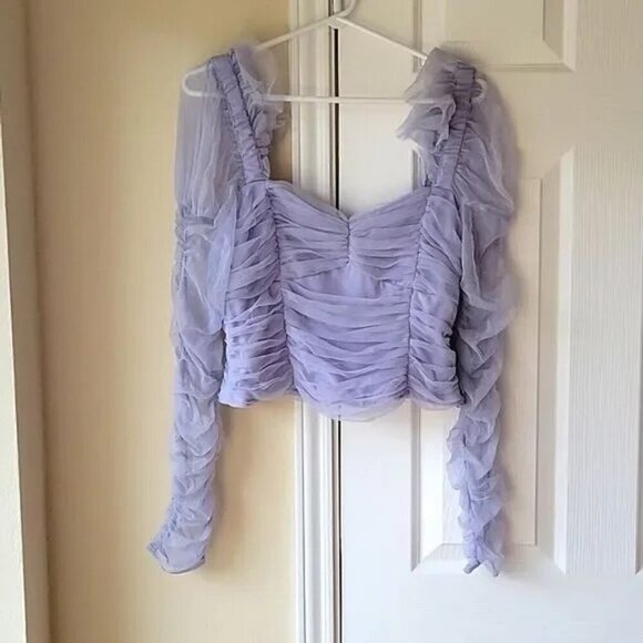 French Connection Lavender Top Edrea Tulle Top Size 12 Ruched Cropped - Picture 9 of 11